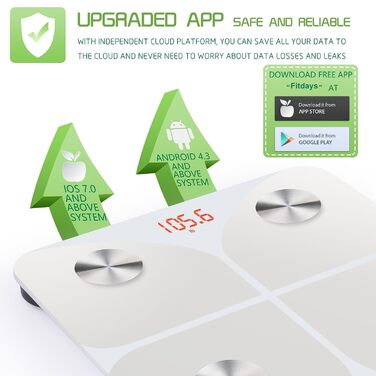 Інтелектуальна вага для вимірювання жиру та BMI з Bluetooth, 180 кг, 30x30 см