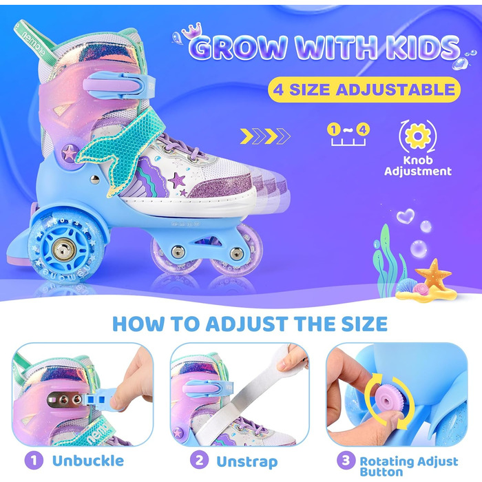 Дитячі ролики Nemone для дівчаток, блакитно-фіолетові, 4 розміри, регульовані, для катання в приміщенні та на вулиці