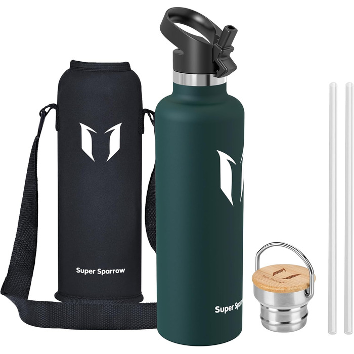 Фляга Super Sparrow з нержавіючої сталі - 350мл/500мл/620мл/750мл/1л - Термос-фляга, без BPA, для дітей, спорту, школи, фітнесу, з 2 кришками (1000 мл, нефрит)