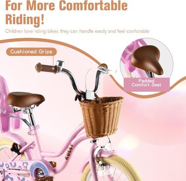 Дитяче велосипед RULLY для дівчаток 12 дюймів з додатковими колесами, кошиком та сидінням для ляльки, регульоване сидіння, 2-7 років, рожевий/фіолетовий/блакитний