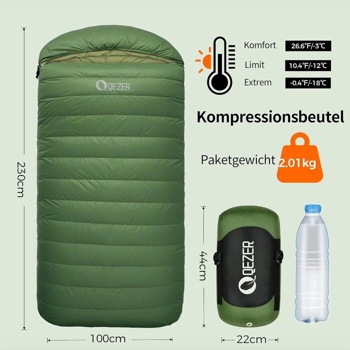 Спальний мішок XXL з пуху 3-4 сезони, 230x100 см, для дорослих, кемпінг, походи, 3°C, зелений