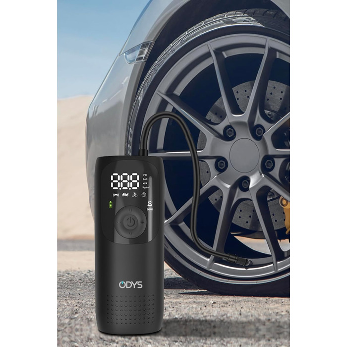 ODYS FlexPump акумуляторний портативний електричний компресор-насос для авто, мотоцикла, велосипеда, самоката, м'ячів (0-10 Бар, 0-150 PSI, 2000 мАг, зарядка USB-C, цифровий дисплей, LED-підсвітка)