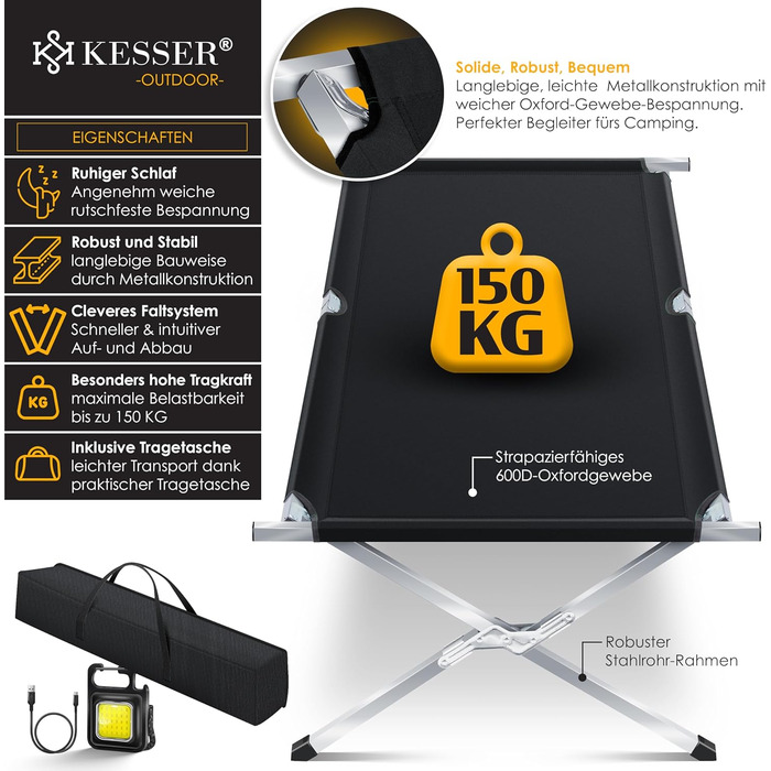 Кемпінг-ліжко KESSER® розкладне з сумкою, ліхтарем та кишенею, 190/210 см, чорне, металевий каркас, 150 кг