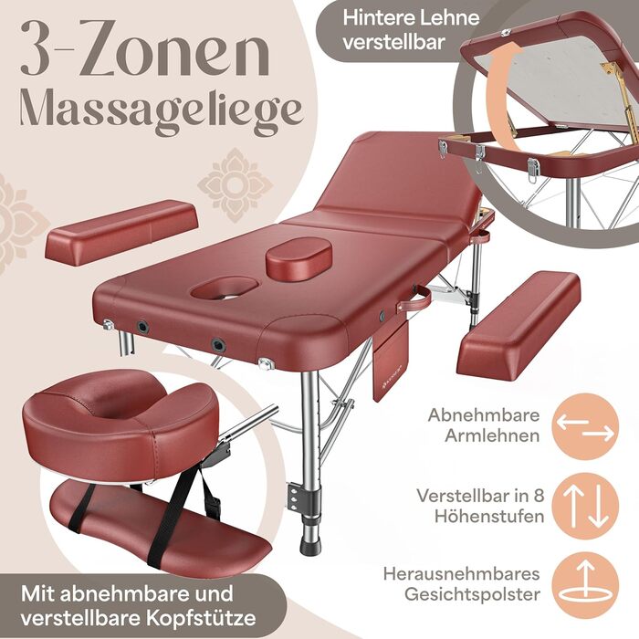 Масажне ліжко KESSER® з 3 зонами, до 250 кг, складане, регульоване, з аксесуарами (підголовник, підлокітники, сумка), для косметичних процедур та терапії, антиковзаюча поверхня, 61 см, Бордовий