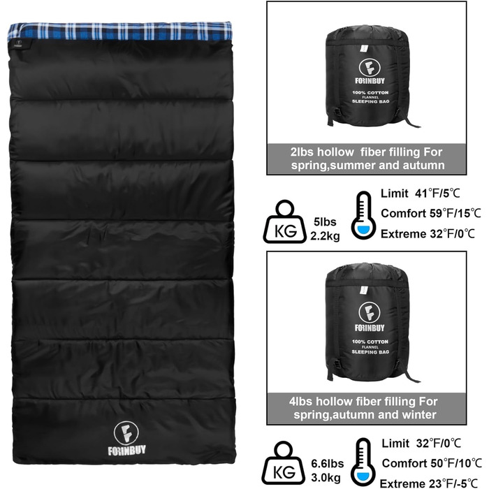 Спальний мішок фланелевий теплий 3-4 сезони XXL з бавовняним підкладком для дорослих, риболовлі, кемпінгу, піших прогулянок, легкий для дому та на вулицю, блакитний, 2lbs наповнювач