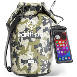 Earth Pak Packsack водонепроникний з плечовим ременем та водонепроникним чохлом для телефону – ідеальний рюкзак-ролтоп для каякінгу, хайкінгу, кемпінгу, риболовлі, катання на човні та рафтингу (Waldgrün, камуфляж, 20L)