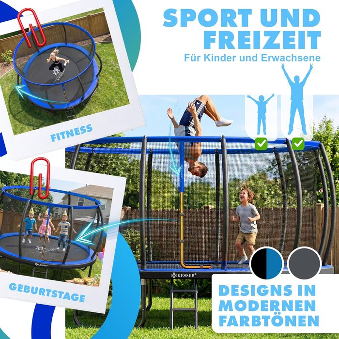 Трамплін KESSER® Outdoor для дітей та дорослих, діаметр 244/305/366/427 см, з сертифікатом GS, безпечне сітко, сходи, захисний борт, подушки на стійках (блакитний)