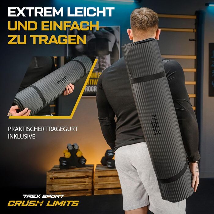 TREX SPORT Килимок для гімнастики та фітнесу | Товстий та м'який, 190x80x1 см, з ручкою для перенесення, чорний | Килимок для йоги з антиковзаючим покриттям