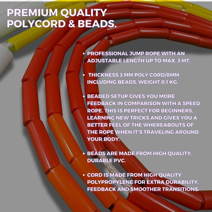 Стрибкове канат Elevate Rope Professionelles Perlen - 3м, регульований, якісні намистини та полішнур - для фрістайлу, кардіо та трюків. Підходить для всіх рівнів, для використання в приміщенні та на вулиці (червоний/помаранчевий/жовтий/білий)