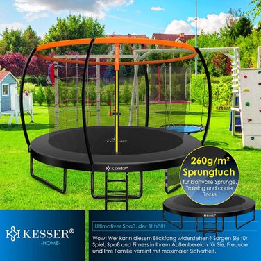 Трамплін KESSER® Ø 244/305/366/427 см | Сертифікований TÜV Rheinland GS | Дитячий та вуличний тромплін до 150 кг | Комплект з сіткою безпеки (366 см, Оранжевий / Антрацит)