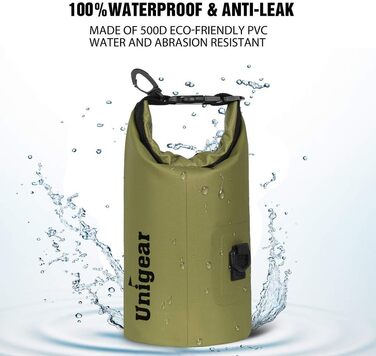Водонепроникний мішок Unigear Dry Bag 2L/5L/10L/20L/30L/40L – рюкзак, сумка для каяку, риболовлі, кемпінгу, пляжу (армійний зелений)