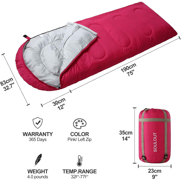 Спальний мішок 3-4 сезони: теплий, легкий, водонепроникний для дорослих та дітей. З компресійним мішком. Підходить для кемпінгу, трекінгу, хайкінгу. Рожевий, ліва блискавка