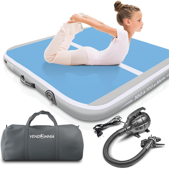 Гімнастичний надувний мат VENDOMNIA Airtrack 10/20 см, 100x100x10 см, з електричним насосом і сумкою, для тумблінгу, тренувань, фітнесу, йоги, синьо-сірий