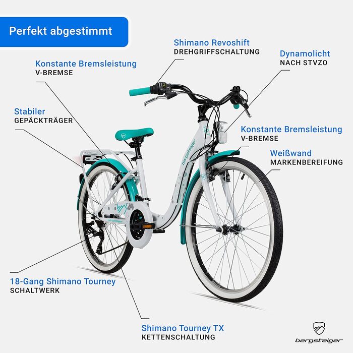 Дитячий велосипед Bergsteiger Atlantis 20/24 дюймів для дівчаток, 6-11 років, Shimano, StVZO, динамо-освітлення