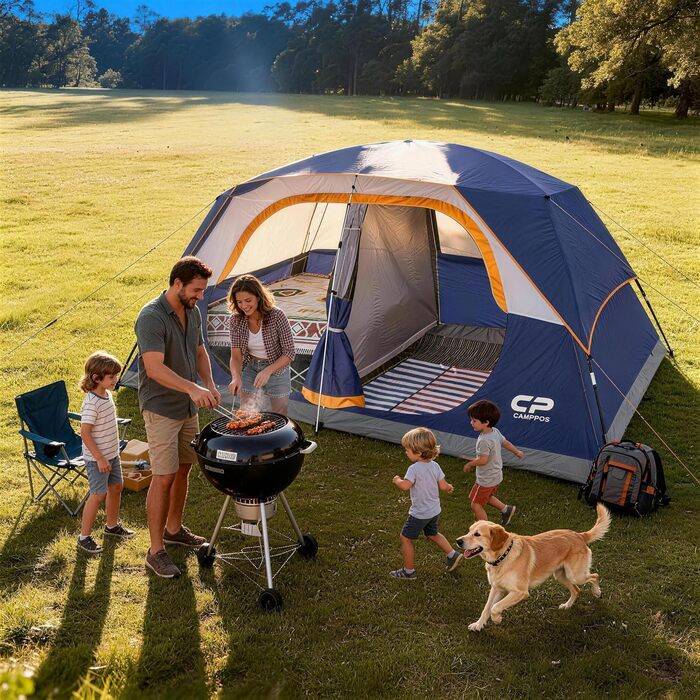 Намет сімейний CAMPROS Campingzelt 6 для 8 осіб, водонепроникний, 366x274x193 см, швидкий монтаж, 4 сезони, блакитний