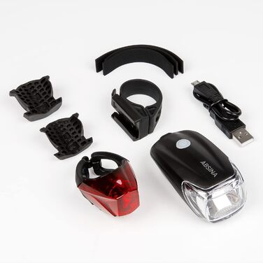 Набір велосипедних LED ліхтарів ABSINA, USB зарядка, 100 м, 180 люмен, 50 люкс, передній і задній, StVZO, велосипедне світло