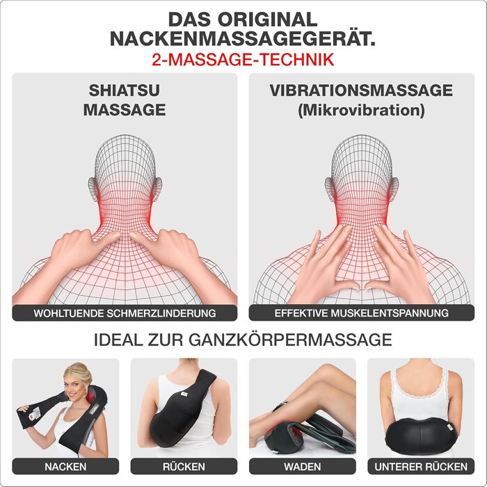 Масажер для шиї Donnerberg Shiatsu з підігрівом, вібрацією, TÜV сертифікований, гарантія 7 років, чорний
