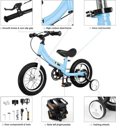 Дитячий велосипед YBIKE 2-в-1: біговел та велосипед, 12/14/16 дюймів, з гальмами та педалями, для дітей 1-7 років, блакитний