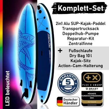 Надувний SUP Board BRAST з LED-підсвіткою | Комплект для станд-ап паддлінгу | 320x81x15см | 4 дизайни | LED-підсвічування (10 кольорів) | 5 років гарантії | 2в1 (каяк, сидіння) | Тримач для Action-Cam | Петля для ноги (Shark Blue)