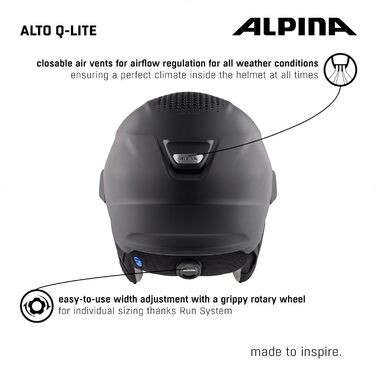 Лижний шолом ALPINA ALTO Q-LITE з візором для дорослих, чорний матовий, 51-55 см, сучасна посадка, контрастне скло, ударопоглинаючий, регульований