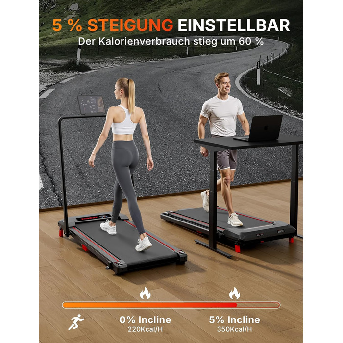 Біговий доріжки з нахилом 5%, компактний під стіл для дому та офісу, портативна бігова машина з LED дисплеєм, пульт дистанційного керування, вантажопідйомність 150 кг, 2.5HP тихий двигун (Чорний/Червоний)