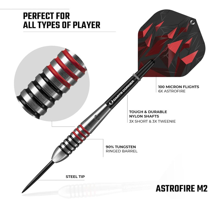 Набір дартсів Darts Corner Astrofire 90% вольфрам, сталеві наконечники, 6 флайтів, 6 шафтів, платіжна карта, кейс для зберігання, кільця