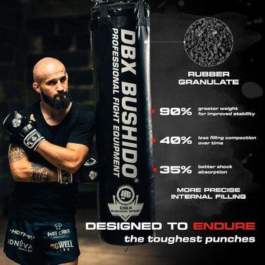 Боксерський мішок DBX BUSHIDO SPORT 130 см, 60 кг, наповнений гумовою крихтою, чорний — для боксу, кікбоксингу та тренувань