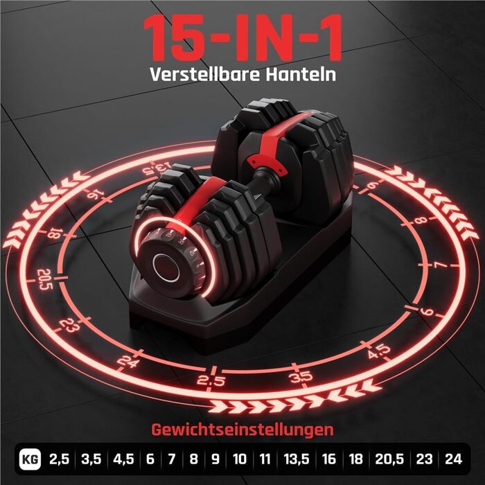 Регульовані гантелі Yaheetech, 15 рівнів, сталь, 2.5 - 24 кг, швидке налаштування, подвійне блокування, неслизькі, для тренажерного залу, дому, офісу