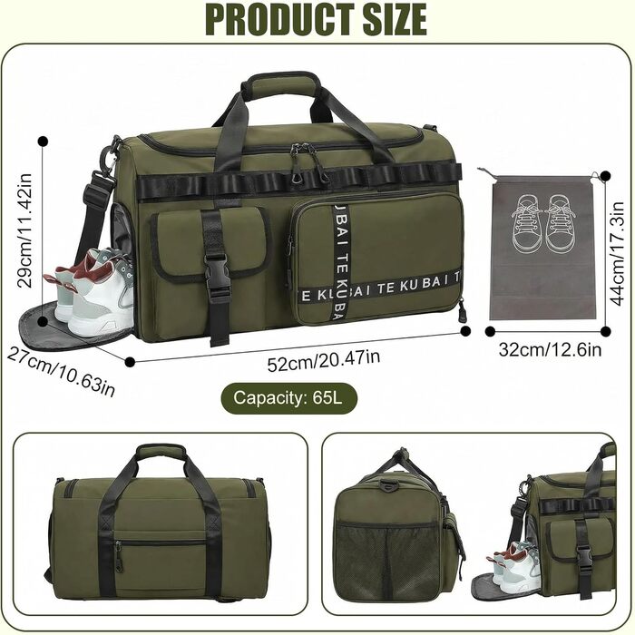 Спортивна сумка для подорожей та фітнесу 65Л з відділенням для взуття та вологих речей, велика дорожня сумка для жінок та чоловіків (армійний зелений)
