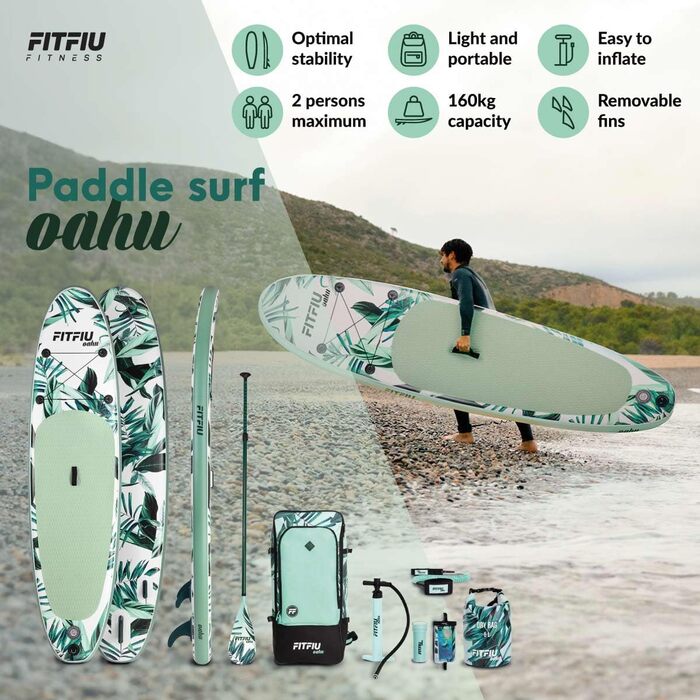 Надувна SUP-дошка FITFIU Fitness OAHU 320x81x15 см з веслом, насосом, 3 плавниками та аксесуарами, тропічний дизайн для сап-серфінгу