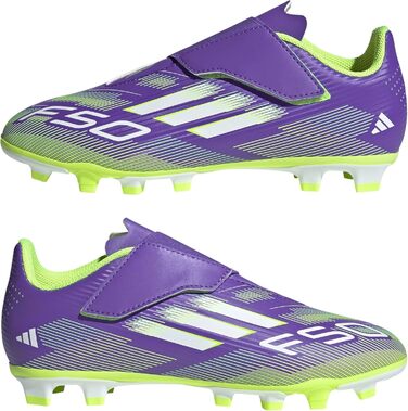 Дитячі футбольні бутси Adidas F50 Club Hook and Loop для гри на твердих та універсальних покриттях, розмір 35 EU, фіолетовий/білий/лимонний колір