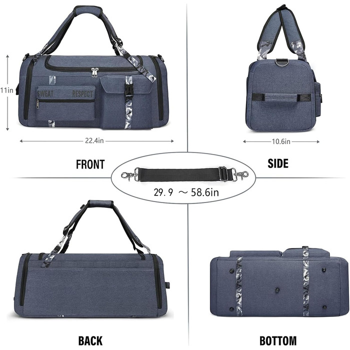 Спортивна сумка-мешок для чоловіків 3-в-1 з відділенням для взуття та вологих речей, синя (22.4 x 10.6 x 11 дюймів)