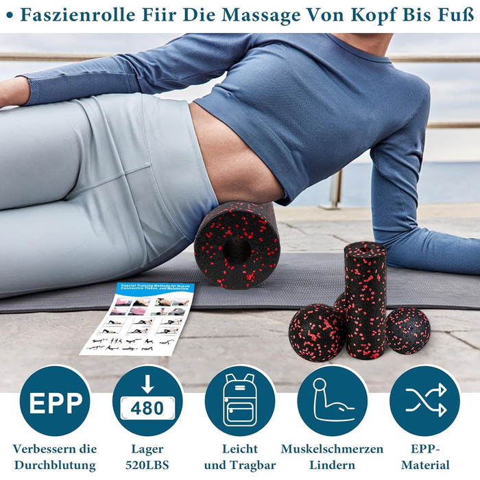 Набір ролів для м'язів: Foam Roller, м'ячик для фасції, міні-ролик, дуобол для йоги та фасціального тренування (Синій/Червоний)
