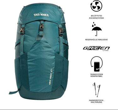 Рюкзак для походів Tatonka Hike Pack 27 л, легкий, з вентиляцією спини та дощовиком, бірюзово-зелений