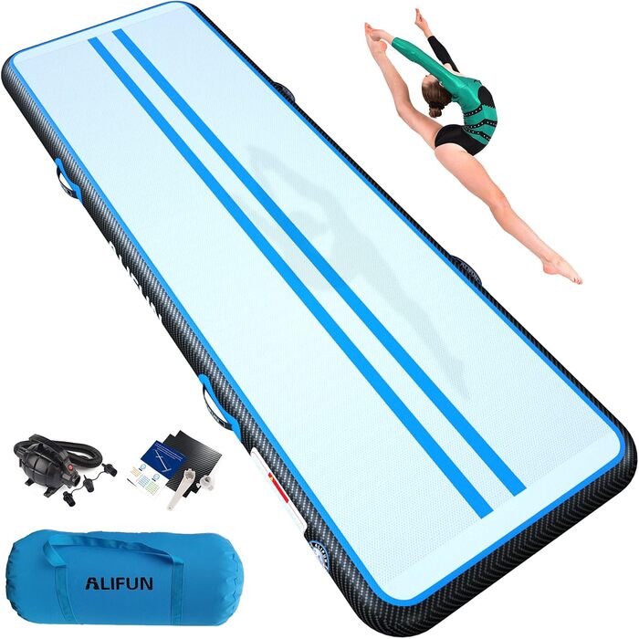 Надувний гімнастичний мат ALIFUN 400×100×10 см з електричним насосом, чорний/синій, товщина 10 см, для тренувань, фітнесу та йоги