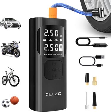 Електричний компресор ELZO для велосипедів, м'ячів та авто: 150 PSI, 7500mAh, LCD-дисплей, автостоп
