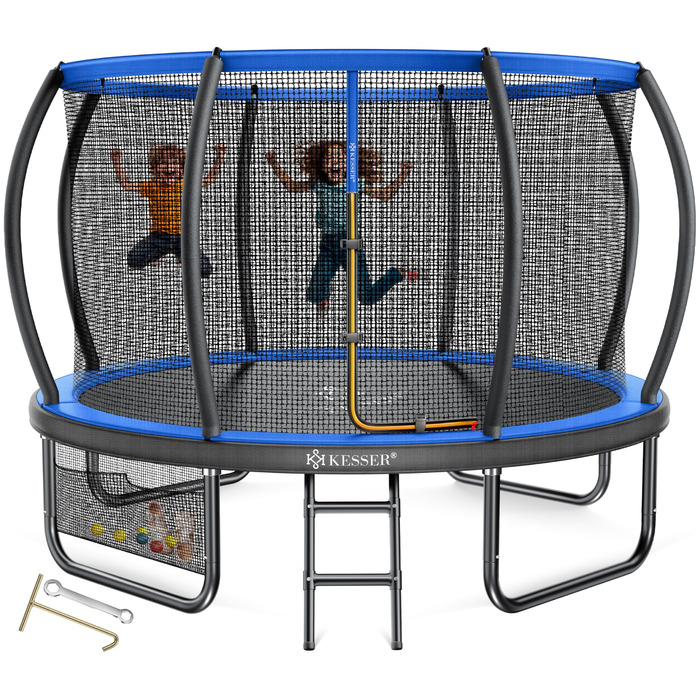 Трамплін KESSER® Outdoor для дітей та дорослих, діаметр 244/305/366/427 см, з сертифікатом GS, безпечне сітко, сходи, захисний борт, подушки на стійках (блакитний)