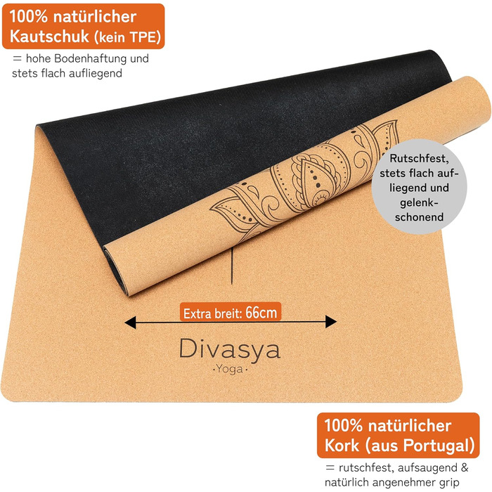 Йога мат Premium Kork: з натурального каучуку та корку | 100% натуральний та екологічний | 183 x 66 x 0,4 см | з чохлом для перенесення | неслизький | безпечний | без TPE | міцний та довговічний