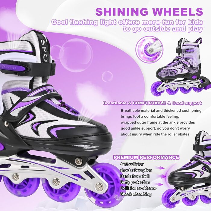 Регульовані дитячі ролики для дівчаток та хлопчиків, чорно-фіолетові. Підходять для гри в приміщенні та на вулиці.