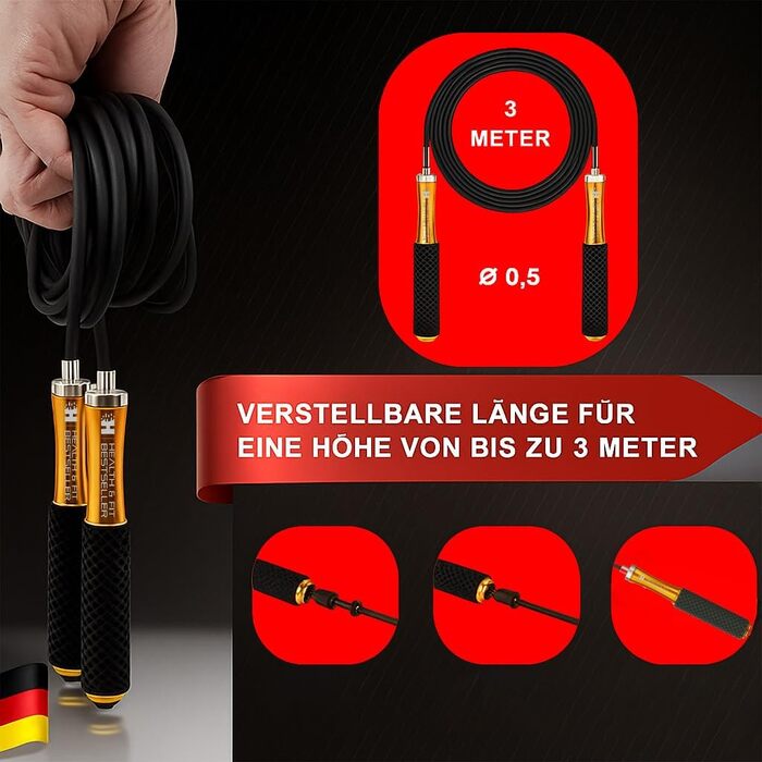 Стрибкове канат PREMIUM з металу – регульований фітнес-канат з силіконовими ручками | Для кардіотренувань, витривалості та домашніх тренувань – HEALTH & FIT