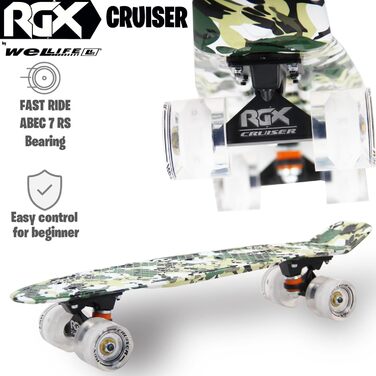 Скейтборд WeLLIFE Mini Cruiser 22'' (56 см), PU колеса з LED, ABEC-7, для підлітків і дорослих, військовий стиль