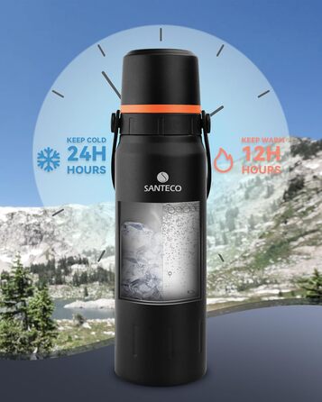 Термос SANTECO 1,2 л з нержавіючої сталі, із термочашкою, герметичний, BPA-free, для кави та чаю, для дітей, спорту, школи, зберігає холод 24 год, тепло 12 год