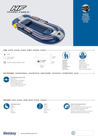 Надувний човен Bestway Hydro-Force Treck X3 для 3 дорослих та 1 дитини, 307x126x39 см, комплект
