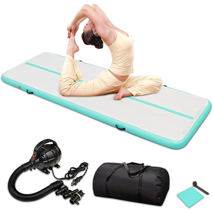 Гімнастичний надувний мат Airtrack 3м – для дітей та дорослих – з електричним насосом, для йоги та фітнесу, білий/бірюзовий