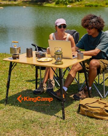 Складний стіл KingCamp з бамбука з UV-захистом, регульована висота, для кемпінгу, саду, грилю, пікніка, офісу (100 × 72 см/120 × 70 см), 3 висоти - 100x65см (безступеневе регулювання - 100x70см)