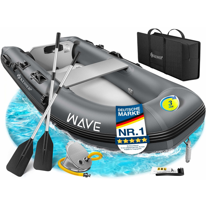 Надувний човен KESSER® Wave 230-320 см (комплект 6 в 1): човен, лавка, насос, весла, ремкомплект, сумка. Можливість встановлення мотора, для солоної води, антрацит.