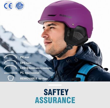 Шолом гірськолижний та сноубордичний для чоловіків, жінок та дітей, регульований розмір, 3-рівнева вентиляція, міцна PC-оболонка з EPS-піною (Білий, фіолетовий, L: 58-62 см)
