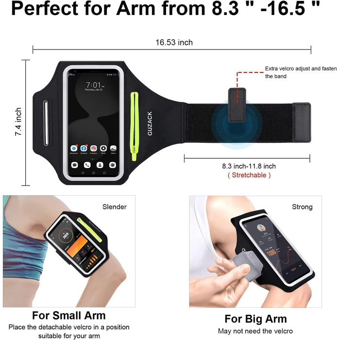 Спортивний браслет на руку для бігу з відділенням для телефону та ключей, чорний. Сумісний з iPhone 17/16/15/14/13/12/11 Pro Max/Plus та іншими смартфонами до 6.9 дюймів