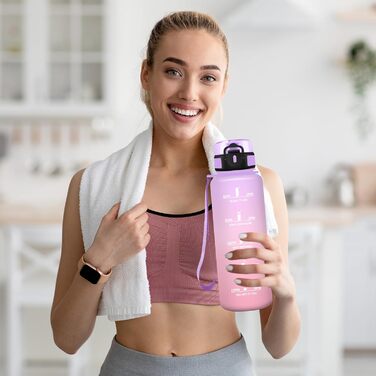 Спортивна пляшка для води 1 літр, без витоку, з позначками часу, для велосипеда, школи, офісу, фітнесу (1500 мл, Ірис-рожевий)