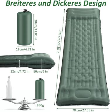 Кемпінговий килимок Jaztral самонадувний 2025, 12 см, посилена структура, насос, подушка 16 см, стійкий до розривів, ультралегкий та компактний для відпочинку на природі, походів, пляжу, 70 x 199 см